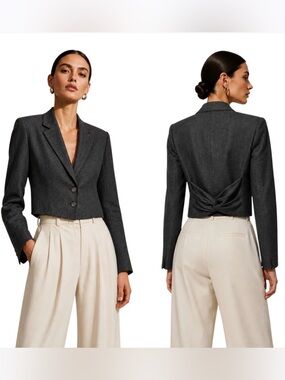 Valentino Gray Cropped Linen Blazer, Twisted Fabric Back Detail, Sophisticated 6